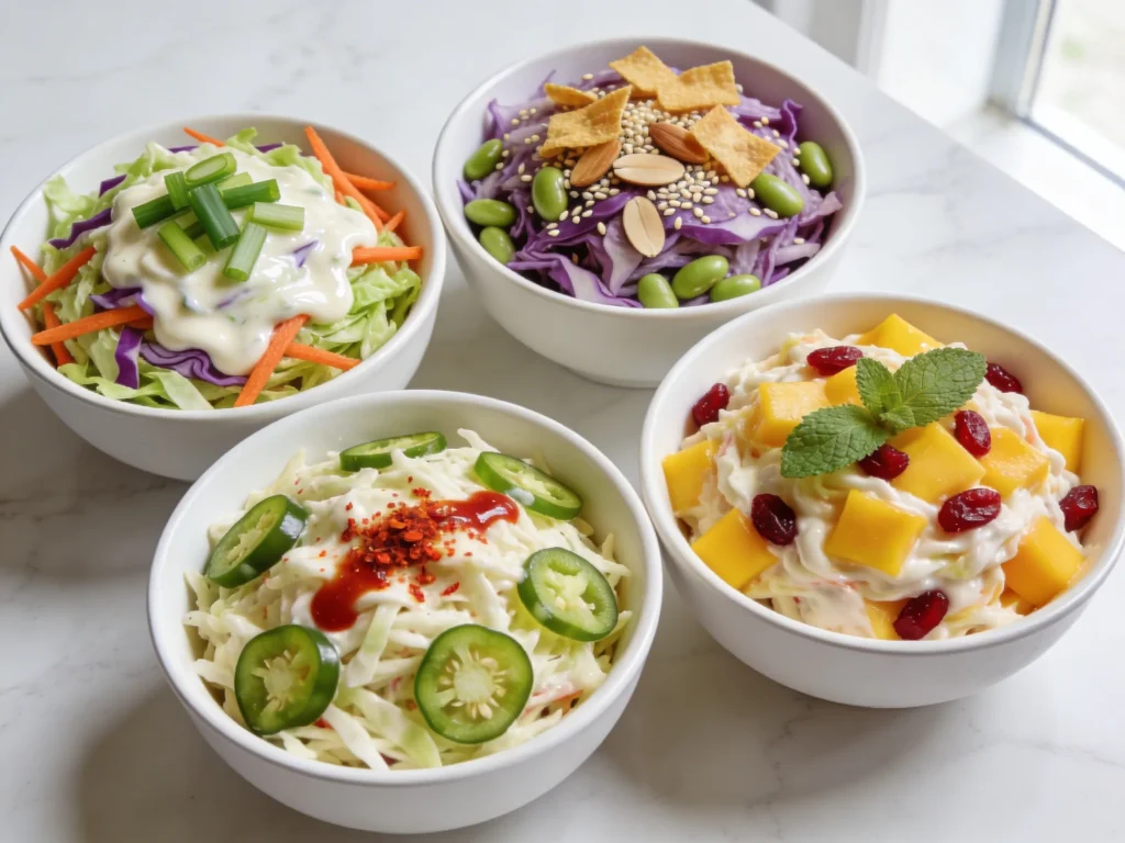  Four coleslaw recipe variations including classic Asian spicy jalapeño and tropical fruit in white bowls on white marble
