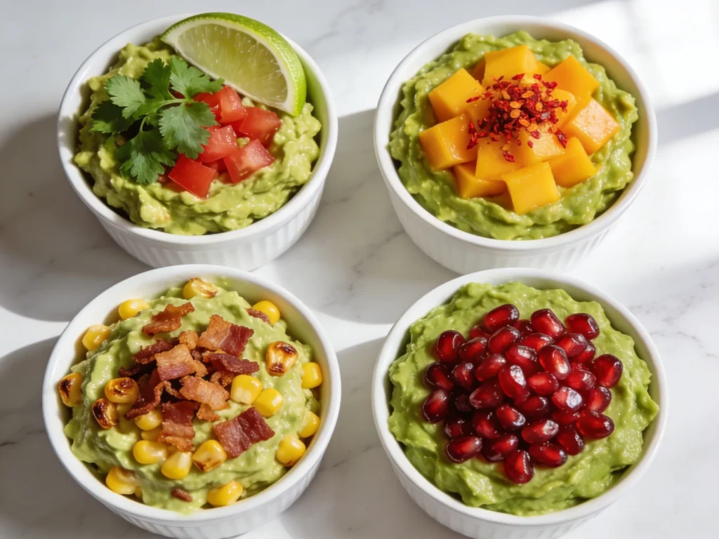 Four guacamole recipe variations including classic mango bacon corn and pomegranate in white bowls on white marble