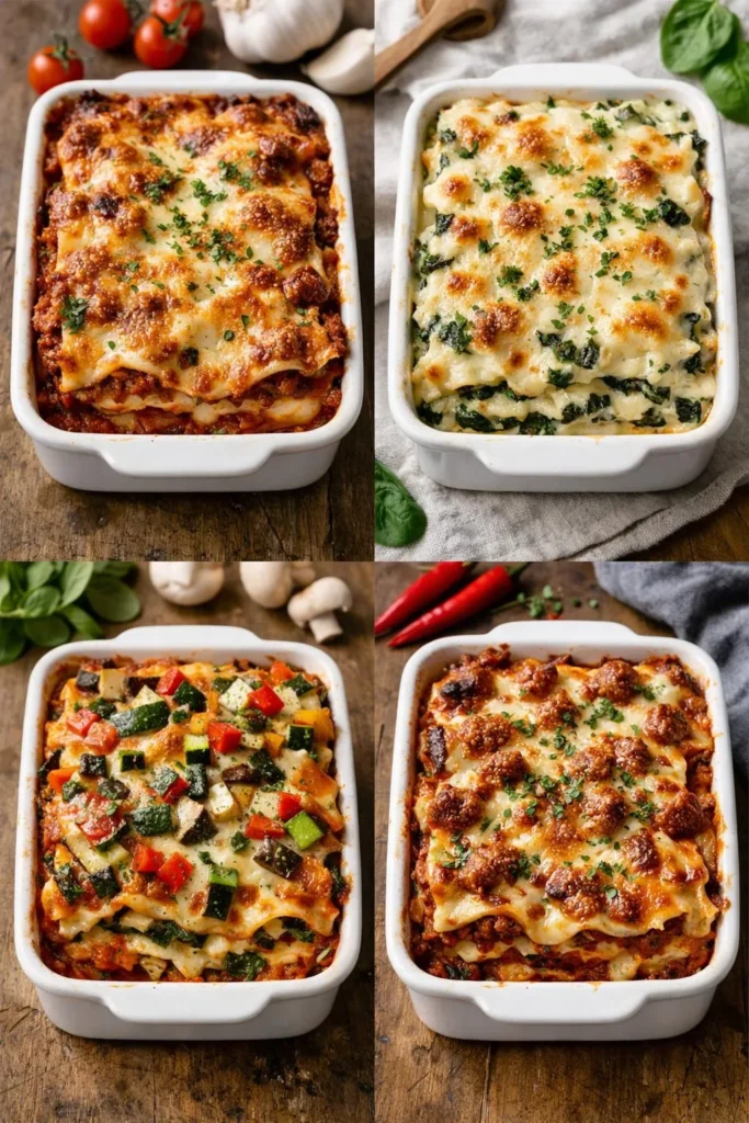 Four lasagna recipe variations collage including classic meat, white spinach ricotta, vegetarian and spicy sausage versions, overhead food photography
