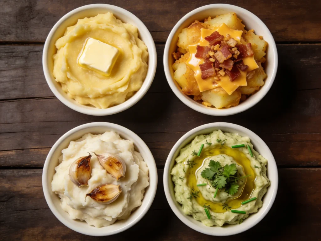 Four mashed potatoes recipe variations in white bowls including classic loaded garlic and herb olive oil versions