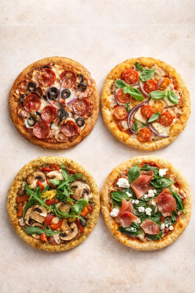 Four pizza dough recipe variations including whole wheat, thin crust, herb and gluten-free on light surface