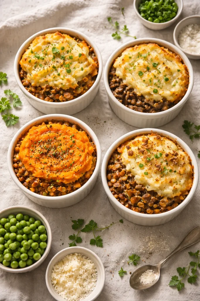 our shepherd's pie recipe variations in mini ramekins including classic lamb cottage pie sweet potato and vegetarian