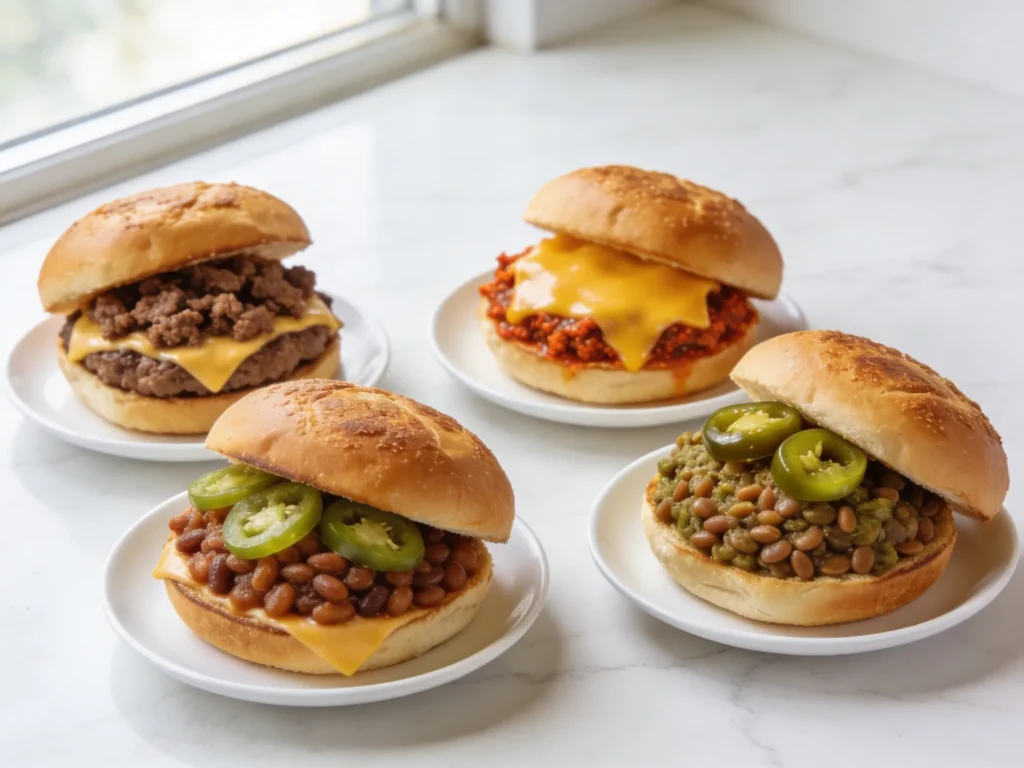 Four sloppy joe recipe variations including classic cheesy spicy and vegetarian versions on white marble surface