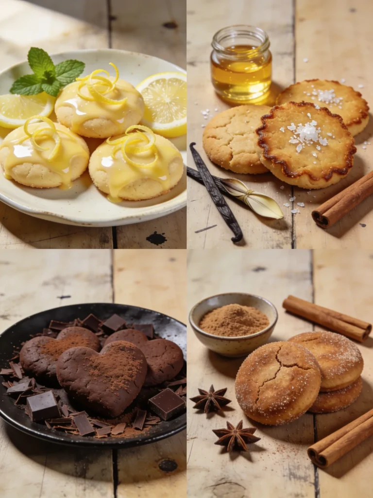 Four sugar cookie recipe variations — lemon, brown butter, chocolate, and funfetti — on rustic plates, natural light