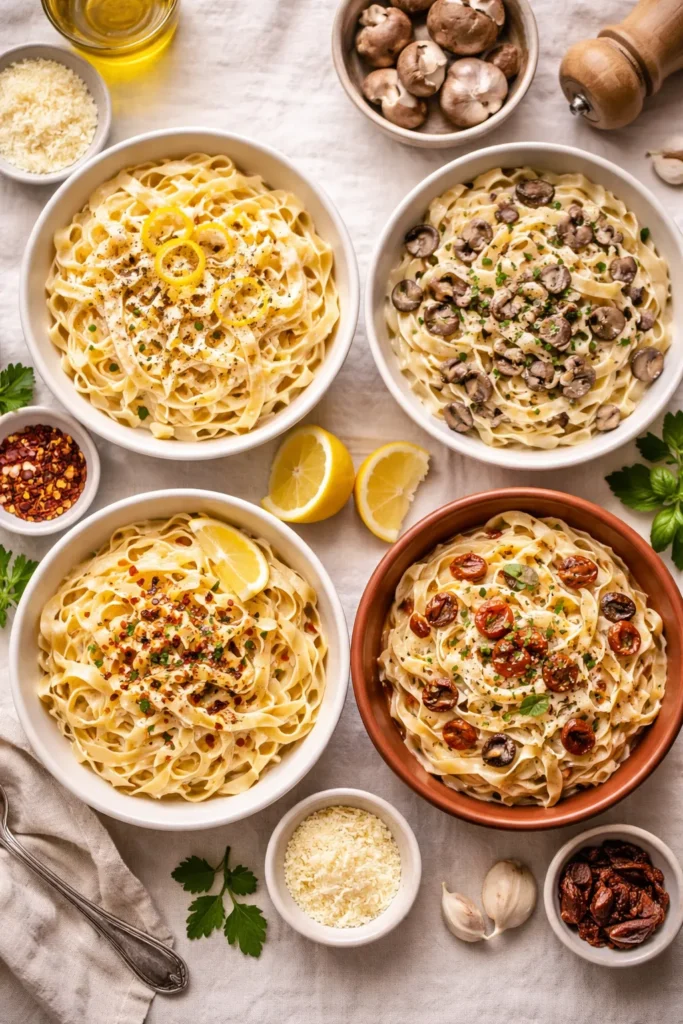 Four variations of silky Alfredo sauce recipe including mushroom, lemon, Cajun and sun-dried tomato versions