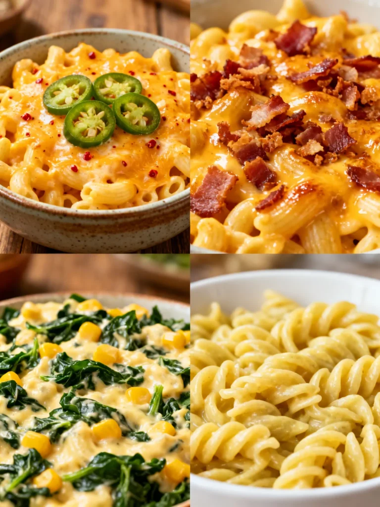 Four variations of the mac and cheese recipe — spicy, bacon, veggie loaded, and gluten-free