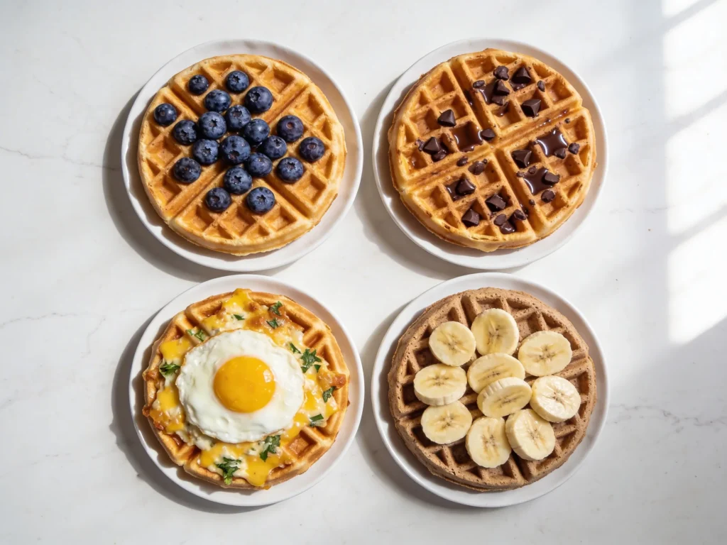 Four waffle recipe variations including blueberry chocolate chip savory cheese and banana on white marble surface