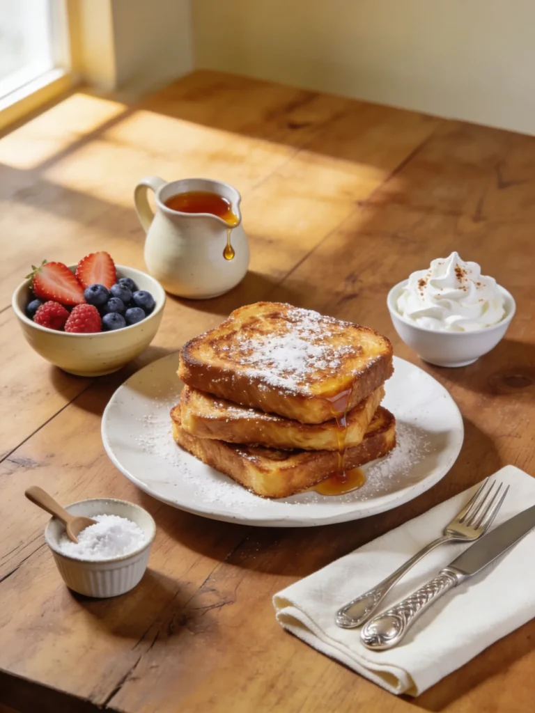 French toast recipe brunch spread with fresh berries, maple syrup and whipped cream on wooden table