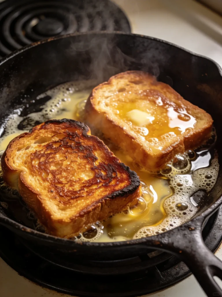  French toast recipe cooking in cast iron pan with foamy butter and golden crust forming — overhead shot