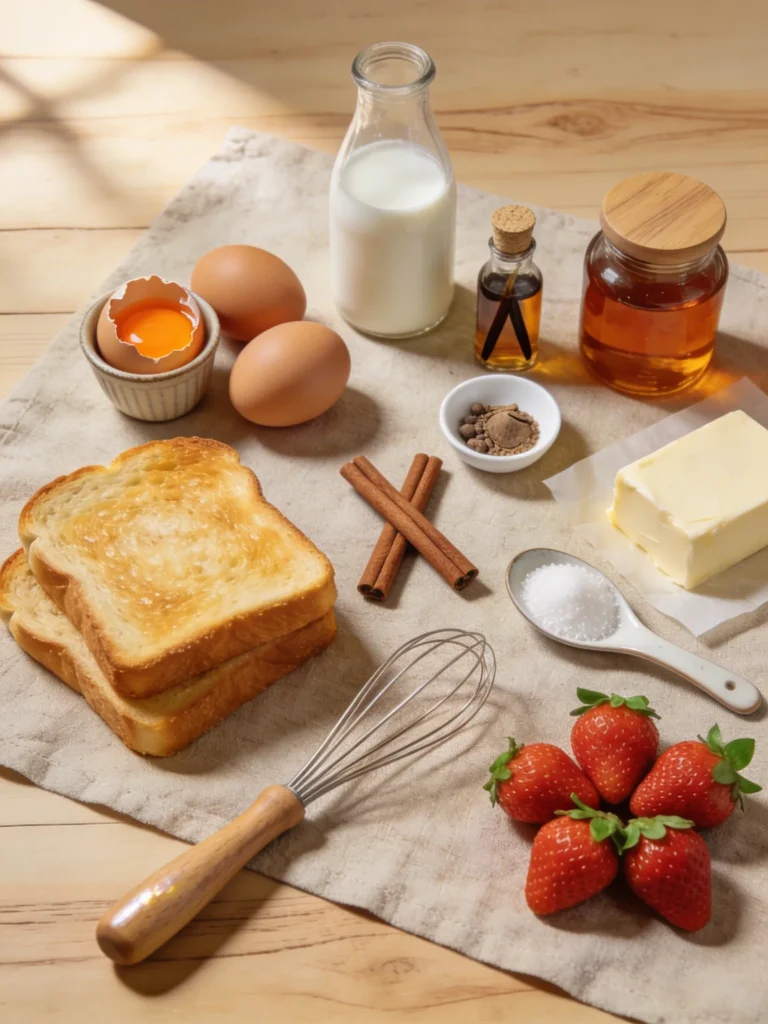 French toast recipe ingredients flatlay with brioche bread, eggs, milk, vanilla, cinnamon and maple syrup on linen cloth
