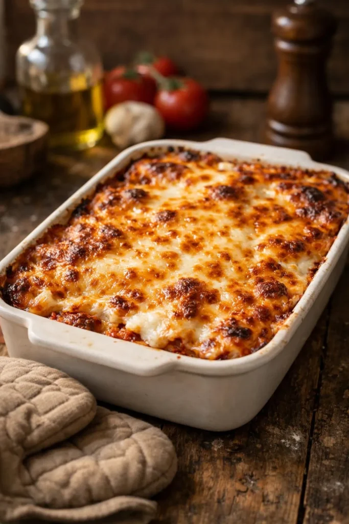  Fresh baked lasagna recipe in ceramic dish just out of oven with golden bubbling mozzarella and Parmesan cheese on top