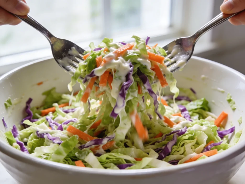 Fresh coleslaw being tossed with two forks in white ceramic bowl showing creamy dressing coating cabbage in natural light
