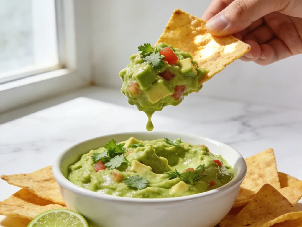 Fresh guacamole recipe in white bowl with golden tortilla chips one chip scooping guacamole in natural daylight