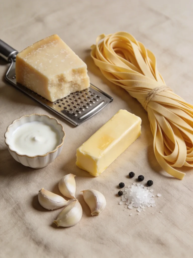 Fresh ingredients for silky Alfredo sauce recipe including Parmesan block, butter, cream and garlic cloves