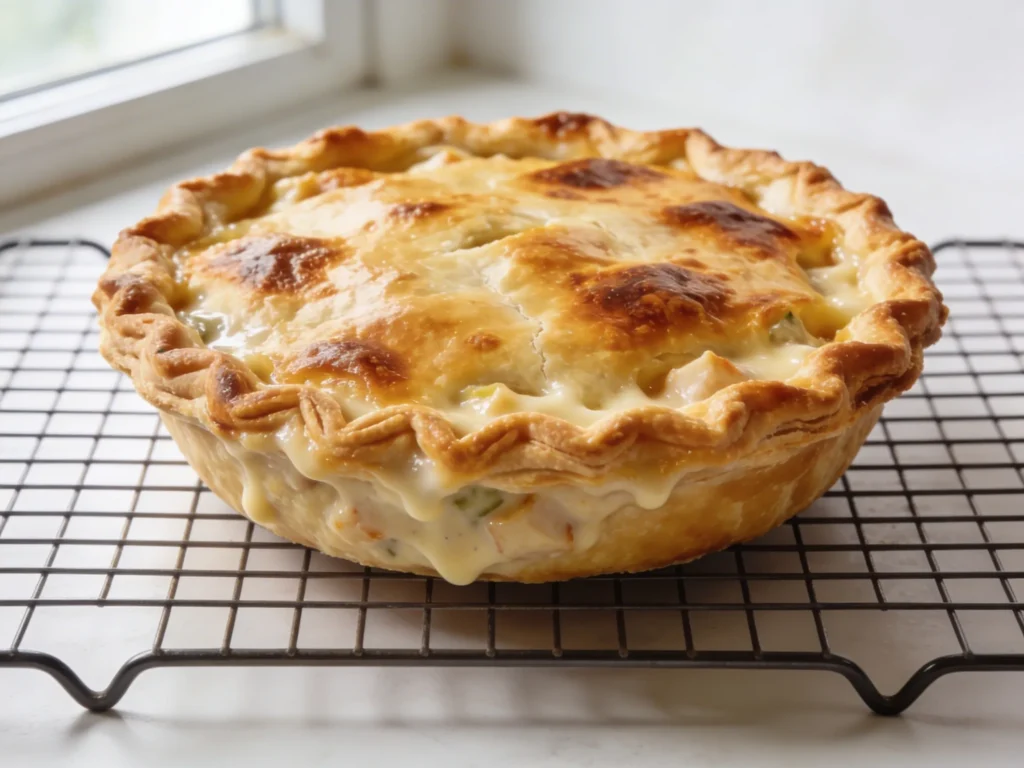 Freshly baked golden chicken pot pie on wire rack with crispy puff pastry and bubbling filling in natural light