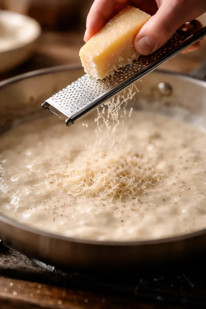  Freshly grated Parmesan being added to silky Alfredo cream sauce in a skillet