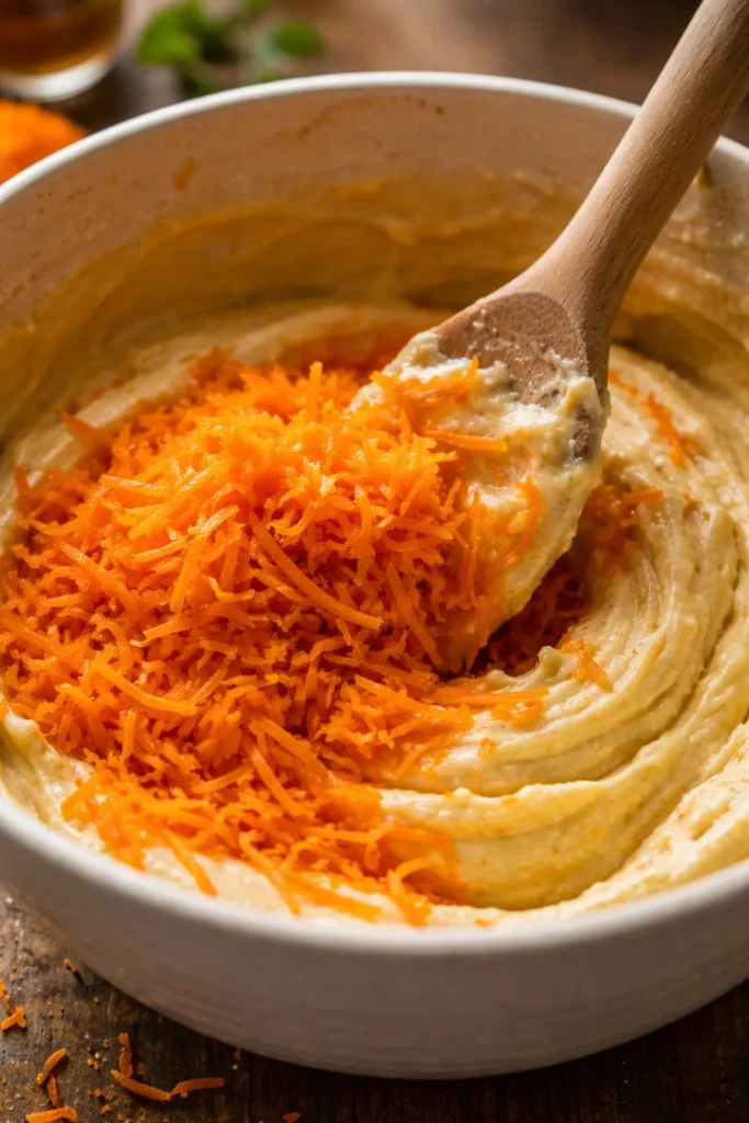 Freshly grated carrots being folded into carrot cake batter in ceramic bowl with wooden spatula