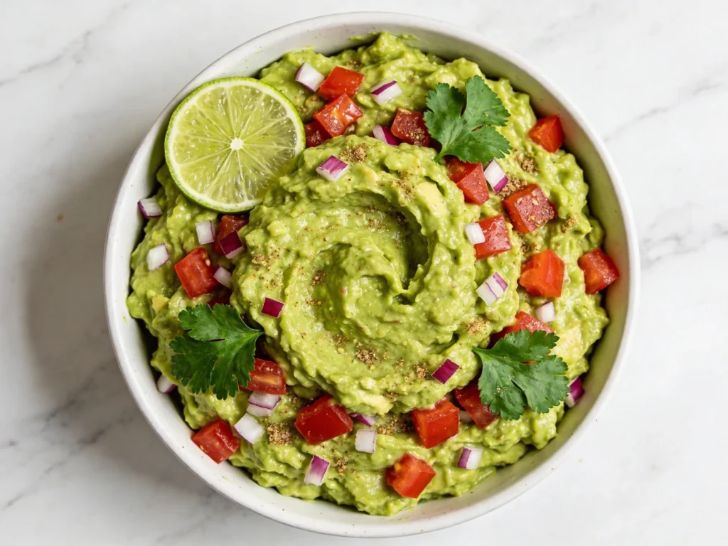  Freshly made guacamole recipe overhead in white bowl with tomato onion cilantro and lime garnish in natural daylight