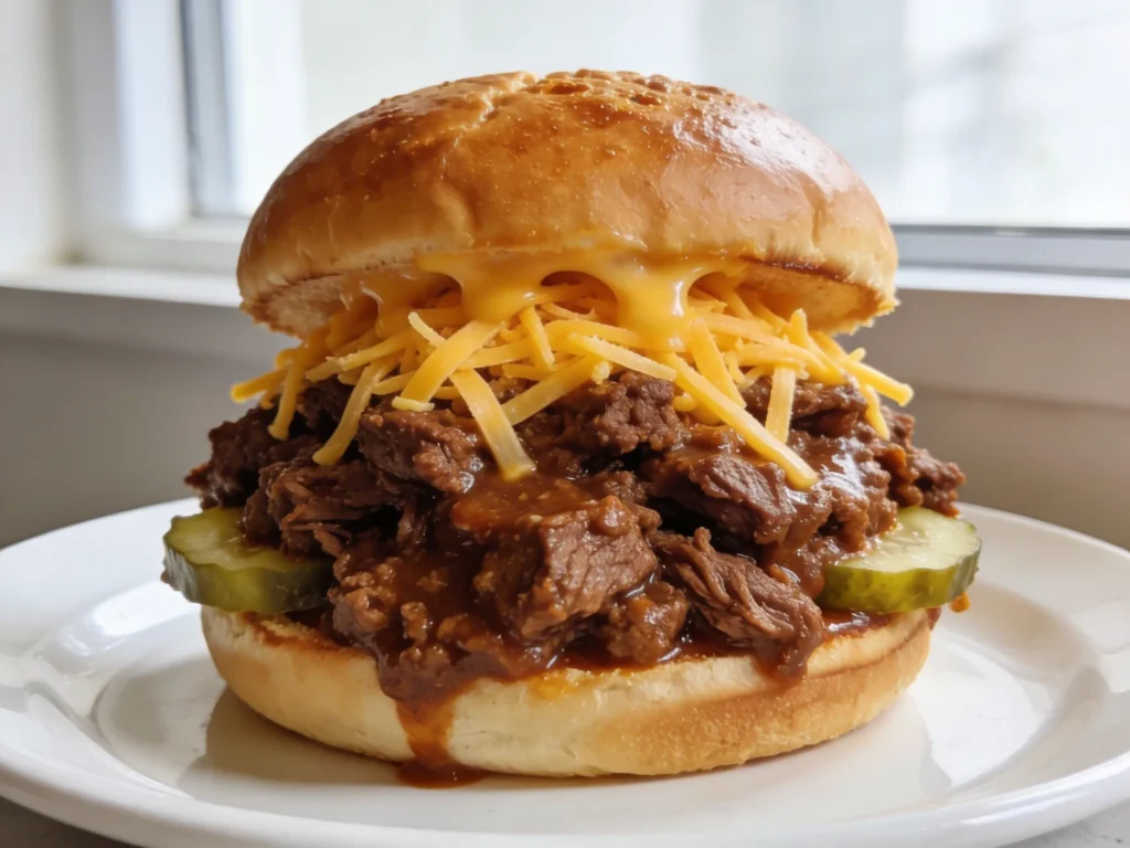  Fully assembled classic sloppy joe with saucy beef cheddar and pickles on toasted brioche bun on white plate