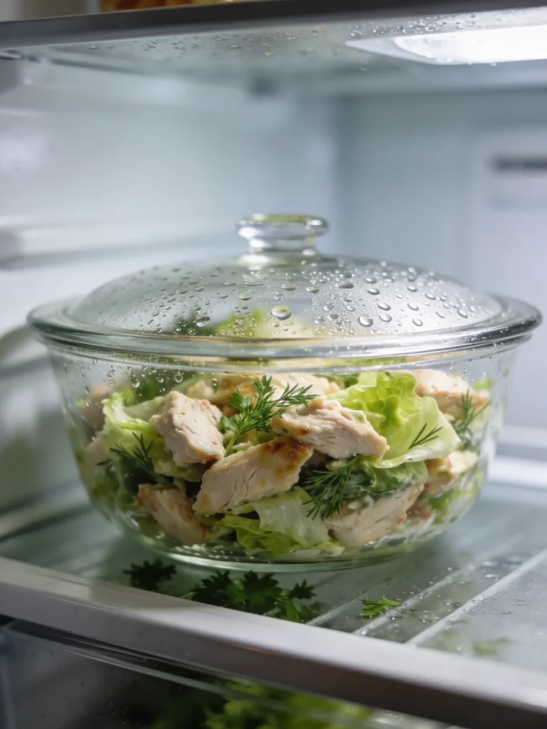 Glass bowl of chicken salad recipe chilling in the refrigerator before serving, fresh herbs visible inside.
