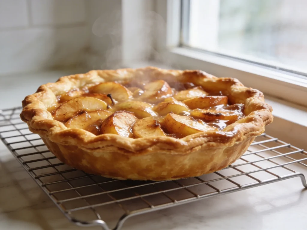 Golden baked apple pie fresh from oven on wire cooling rack with bubbling filling near bright kitchen window