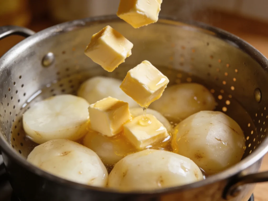 Golden butter cubes melting into hot drained potatoes in pot for buttery mashed potatoes recipe