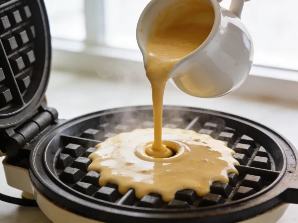 Golden waffle batter being poured into hot Belgian waffle iron for crispy waffle recipe