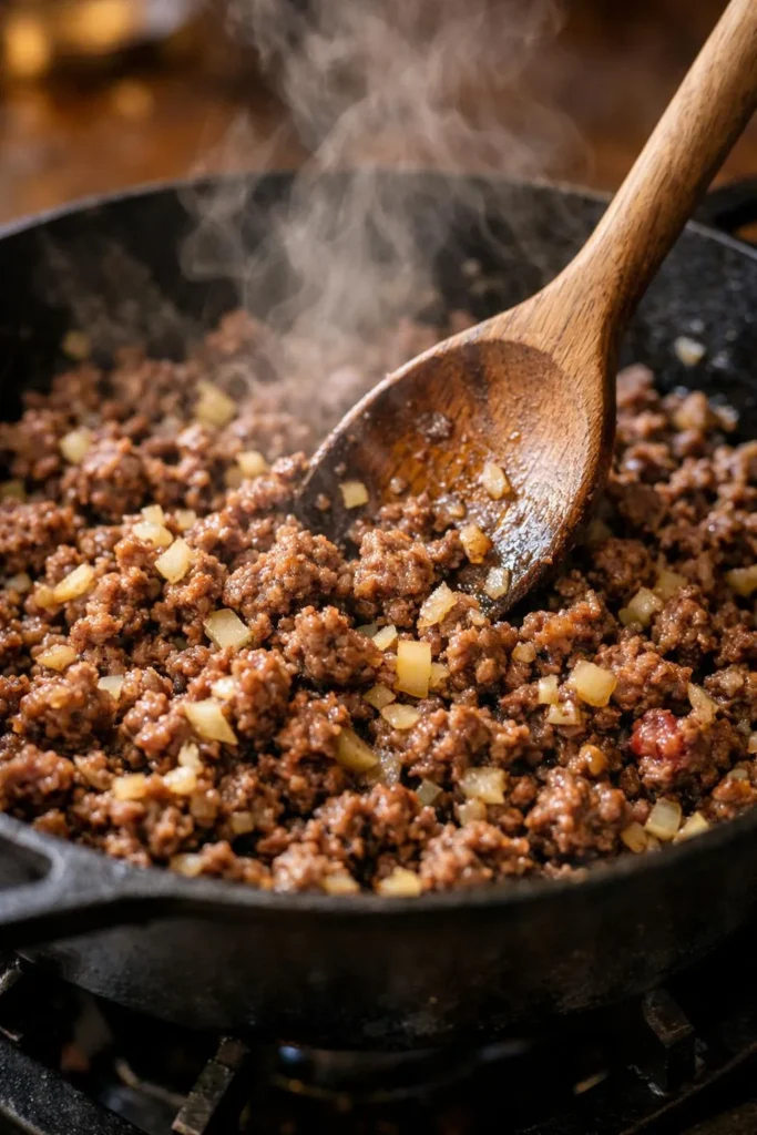 Ground beef browning in cast iron skillet with onions and garlic for classic lasagna recipe meat sauce, action cooking shot
