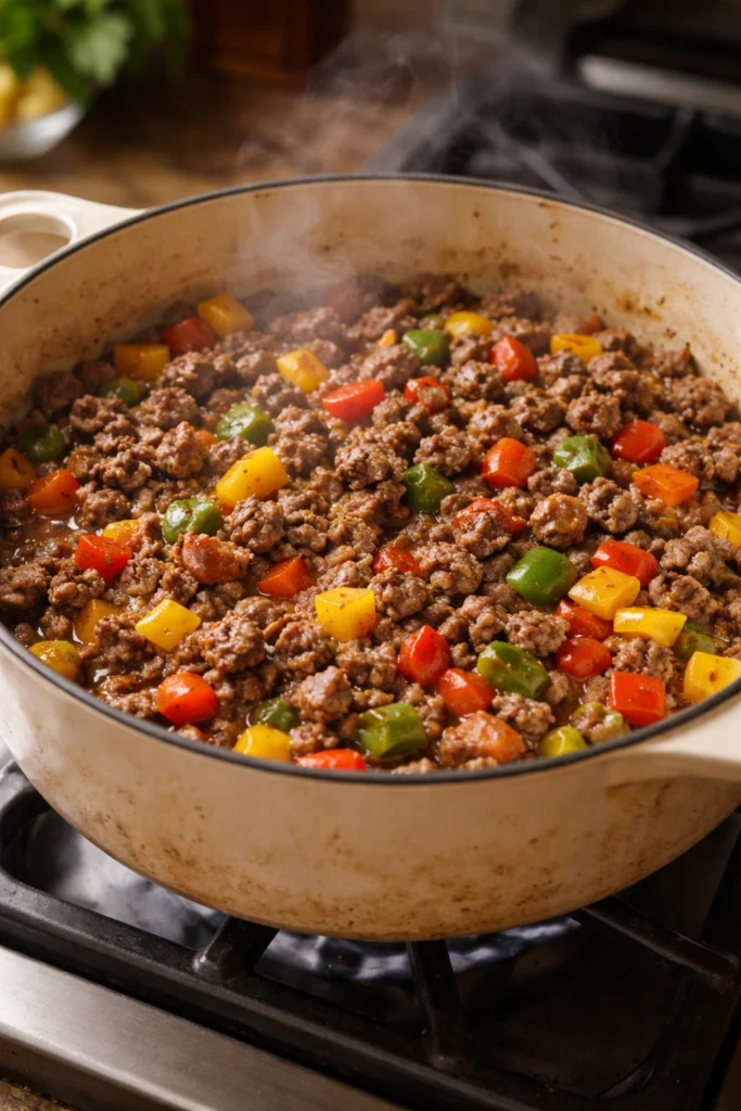  Ground beef browning with diced bell peppers in a Dutch oven for homemade chili recipe, steam rising on stovetop
