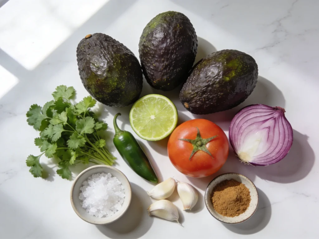 Guacamole recipe ingredients flatlay with ripe avocados lime cilantro jalapeño tomato and red onion on white marble