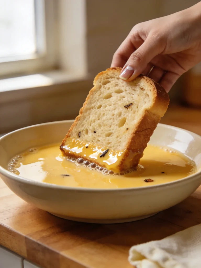 Hand dipping thick brioche slice into egg custard for French toast recipe — close-up action shot on kitchen counter