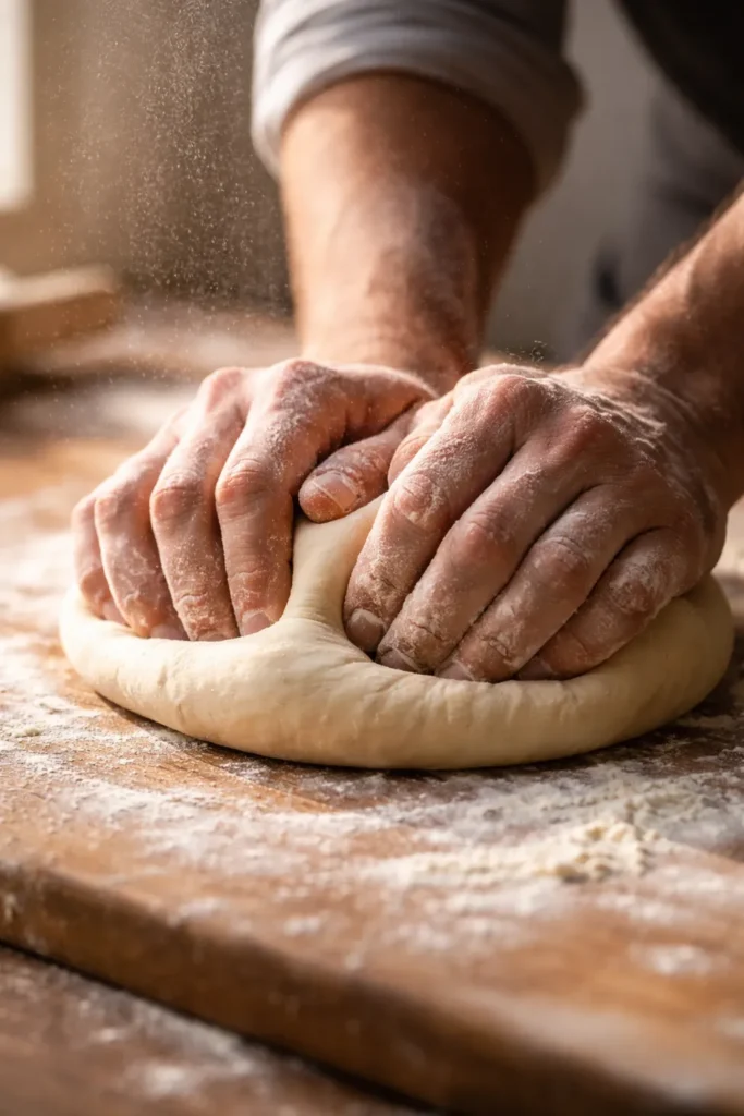  Hands kneading homemade pizza dough on floured surface with flour dust in natural light