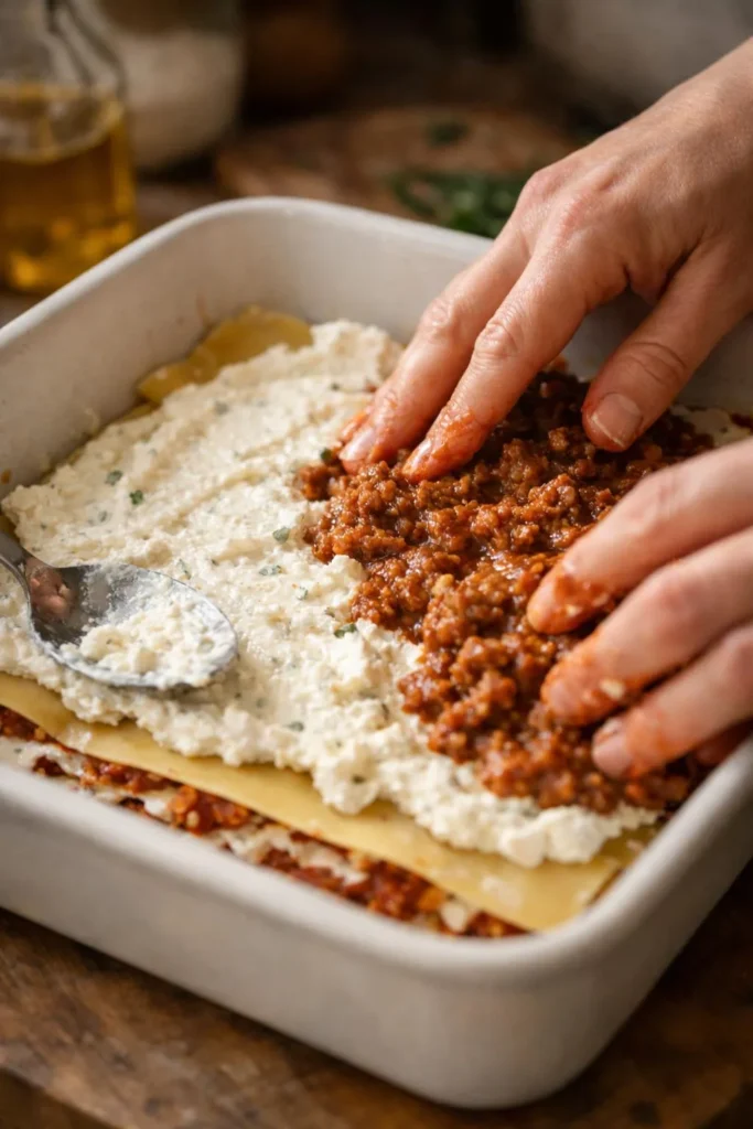 Hands layering meat sauce and ricotta cheese onto pasta sheets in baking dish for homemade lasagna recipe, close-up process shot