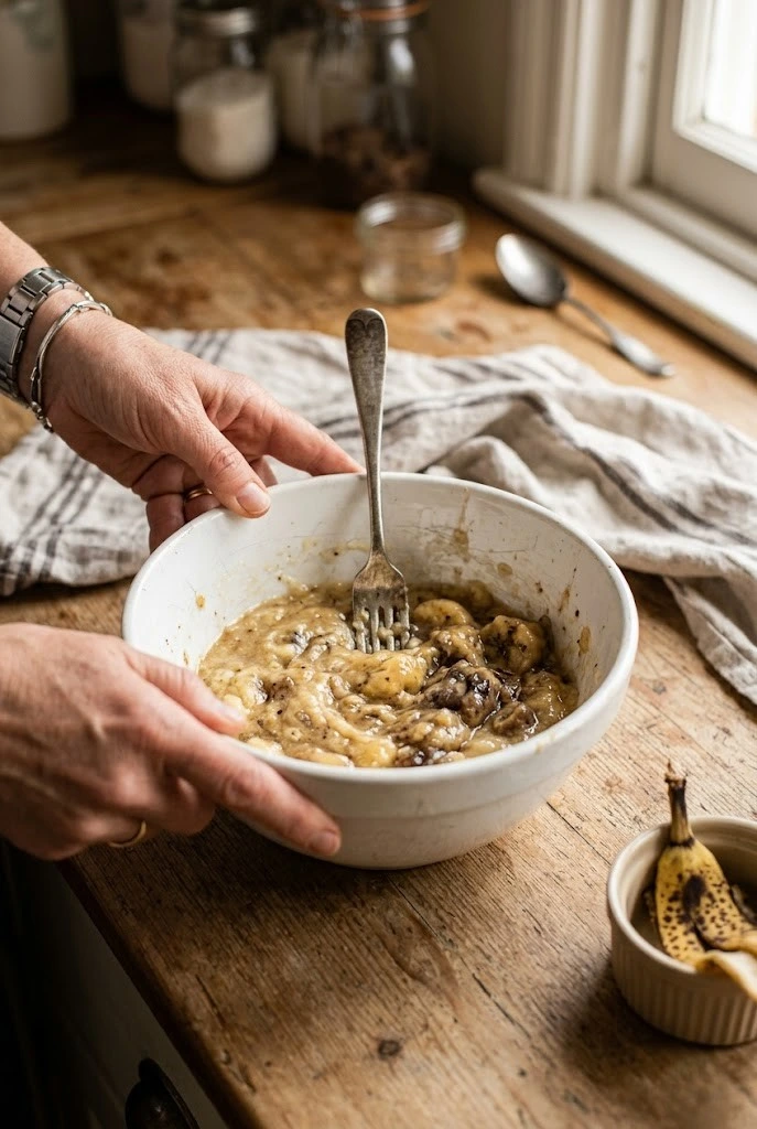 Hands mashing overripe spotted bananas in a white ceramic bowl with a fork for banana bread recipe