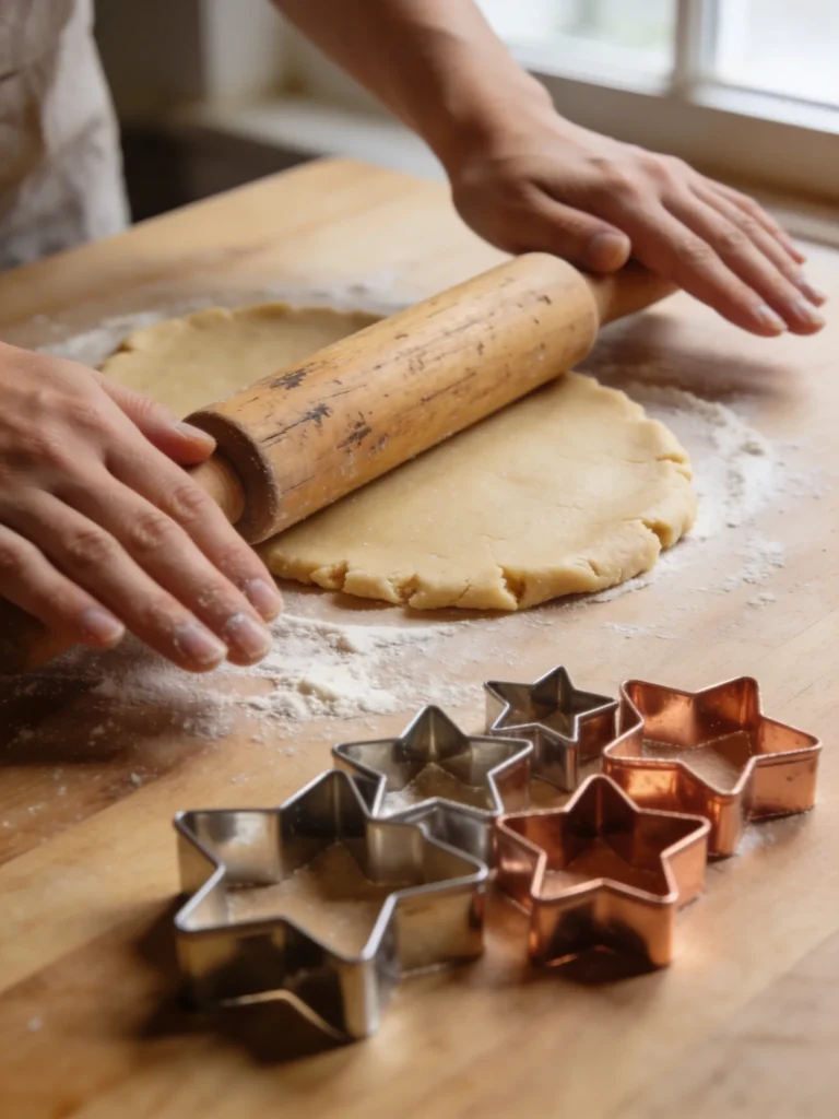 Hands rolling out sugar cookie dough with cookie cutters on a floured wooden board for easy sugar cookie recipe