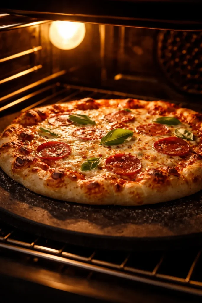 Homemade pizza baking on pizza stone in oven with golden crust and bubbling cheese