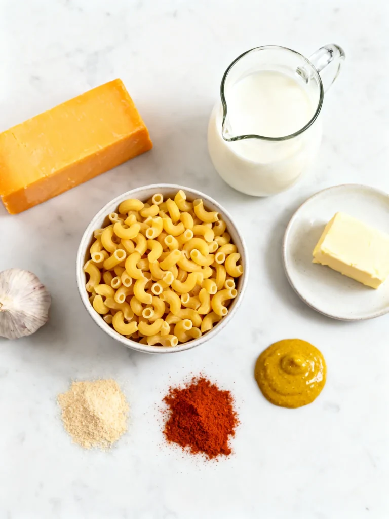 Ingredients for homemade mac and cheese recipe laid out on marble — cheddar, macaroni, milk, and spices