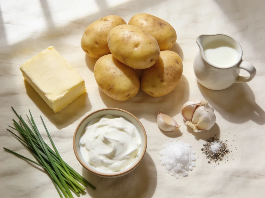Mashed potatoes recipe ingredients flatlay with Yukon Gold potatoes butter cream sour cream and chives on linen