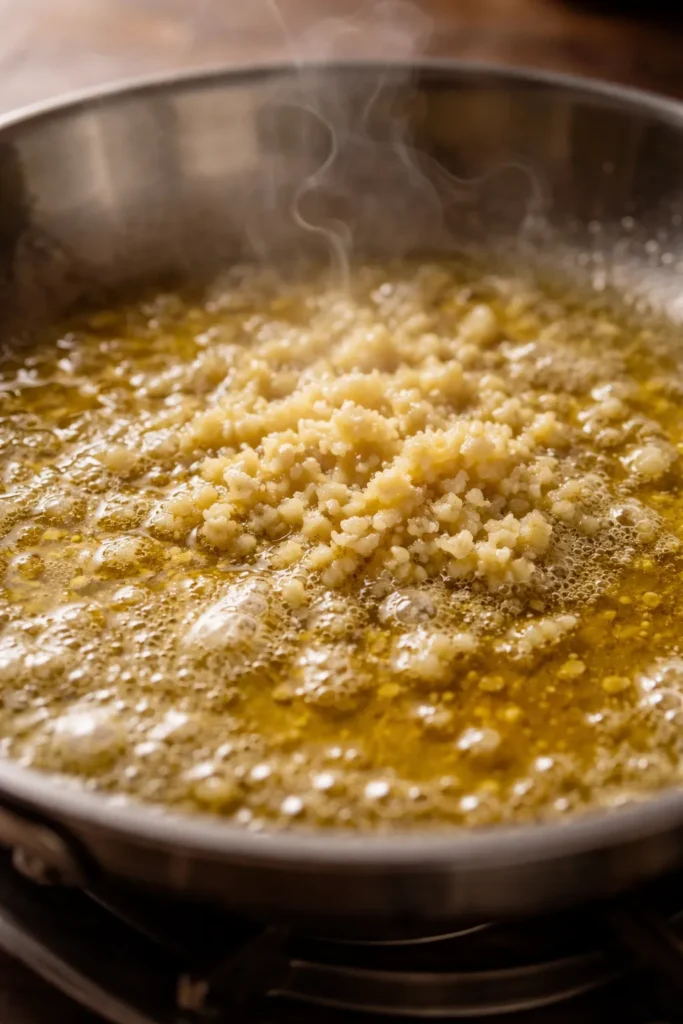 Minced garlic cooking in melted butter in a skillet for homemade silky Alfredo sauce recipe