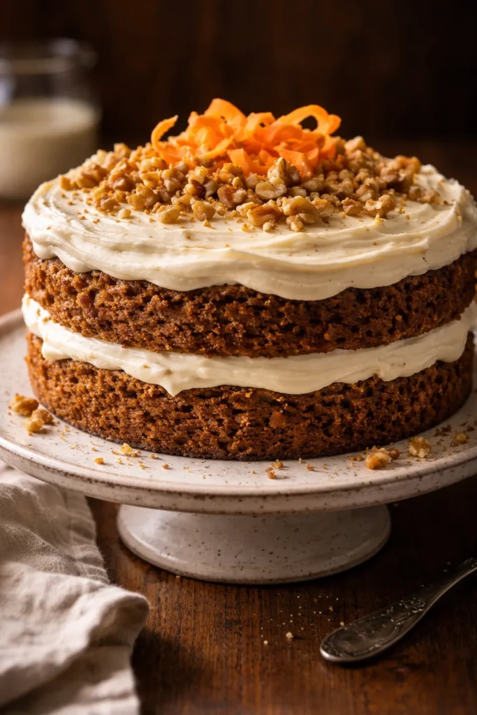 Moist carrot cake recipe with cream cheese frosting on ceramic cake stand topped with walnuts in warm natural light