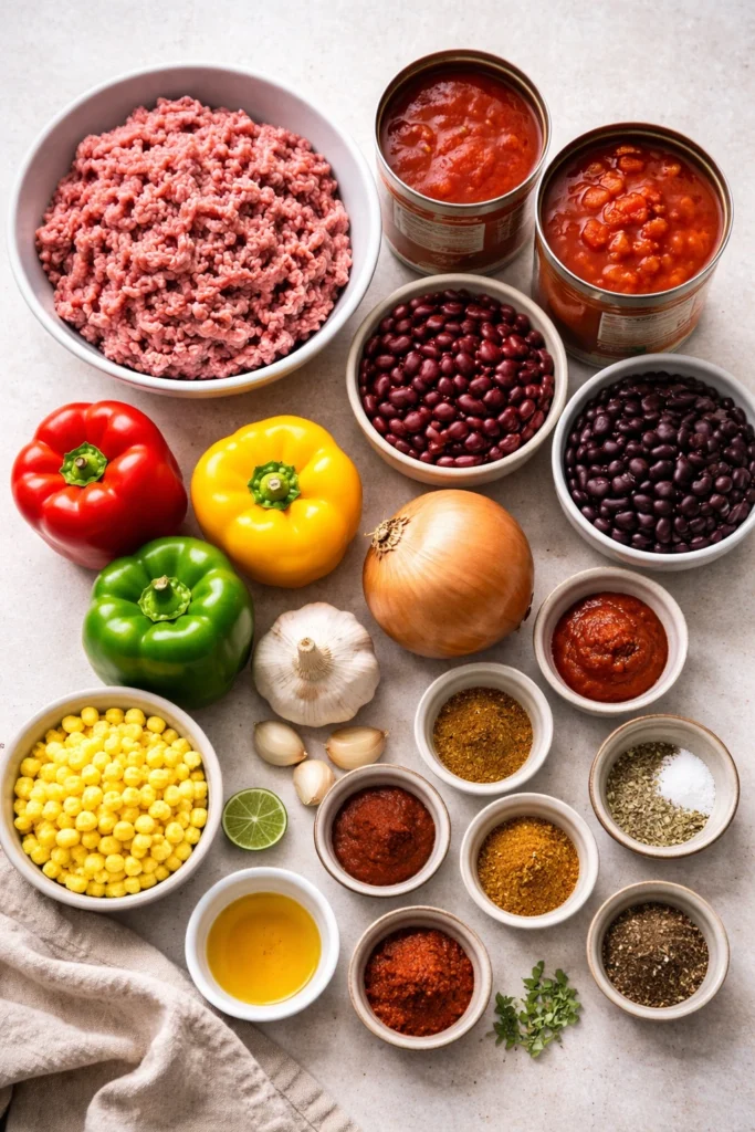 Overhead flatlay of all ingredients needed for the ultimate homemade chili recipe including ground beef, beans, tomatoes, and spices