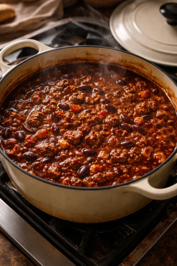 Overhead view of thick homemade chili recipe simmering and bubbling in a large Dutch oven on the stovetop