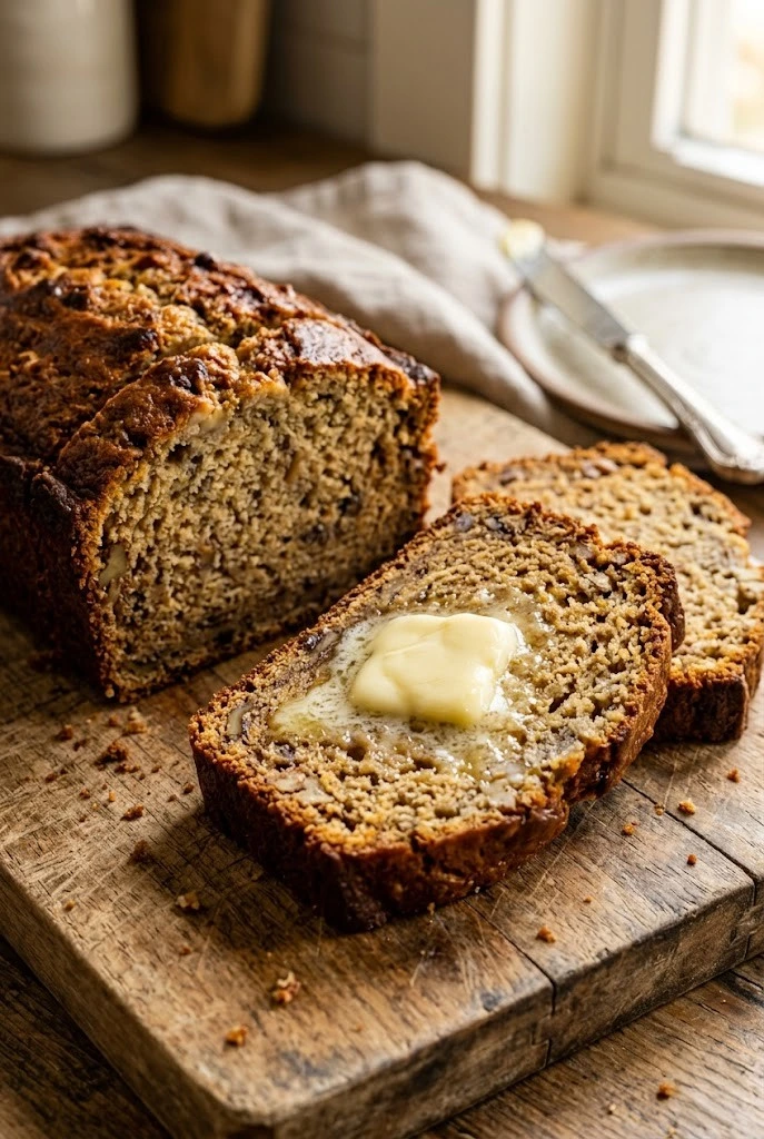 Perfectly baked moist banana bread sliced on wooden board showing soft tender crumb inside with butter melting on top