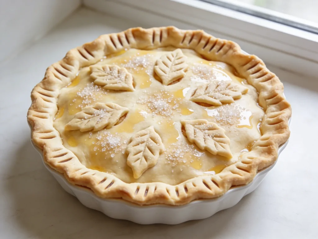 Perfectly crimped unbaked apple pie with decorative crust and coarse sugar topping ready for the oven