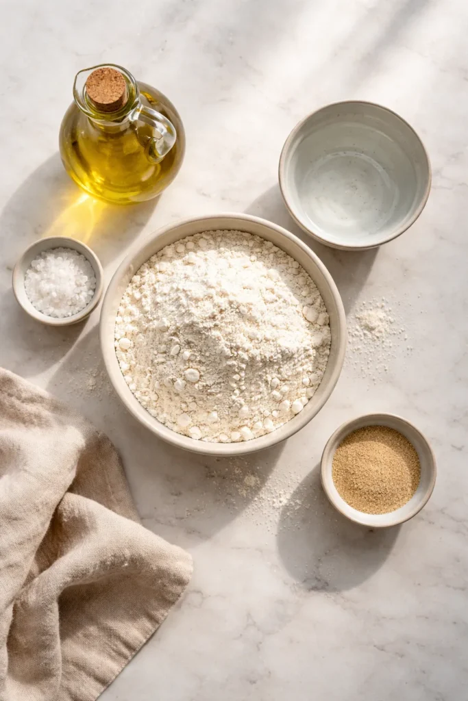 Pizza dough recipe ingredients flatlay including flour, yeast, olive oil and water on marble surface