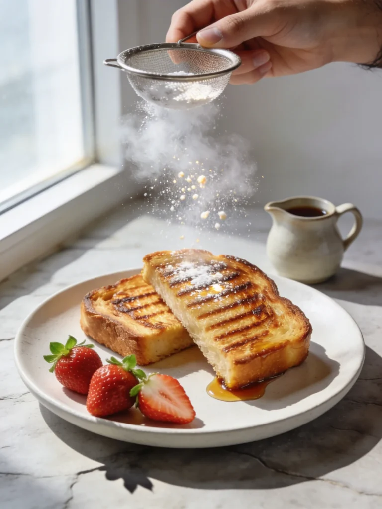 Plated French toast recipe dusted with powdered sugar, fresh strawberries alongside on white ceramic plate