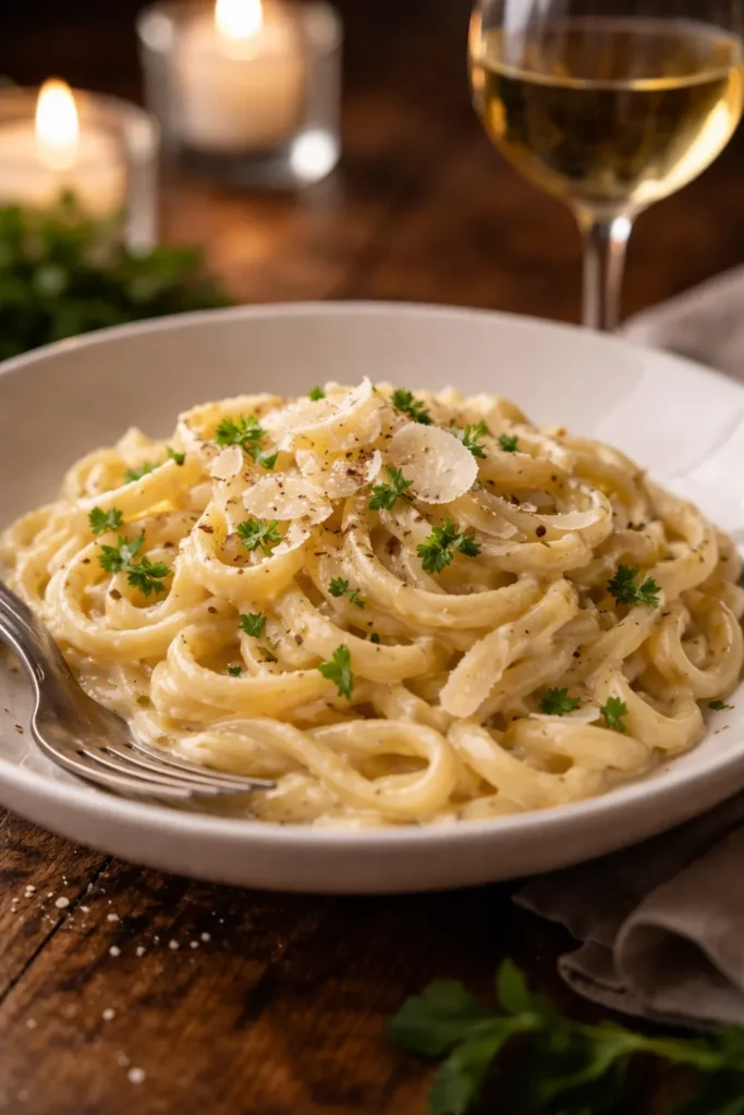 Plated silky Alfredo sauce recipe on fettuccine with Parmesan curls and white wine in background