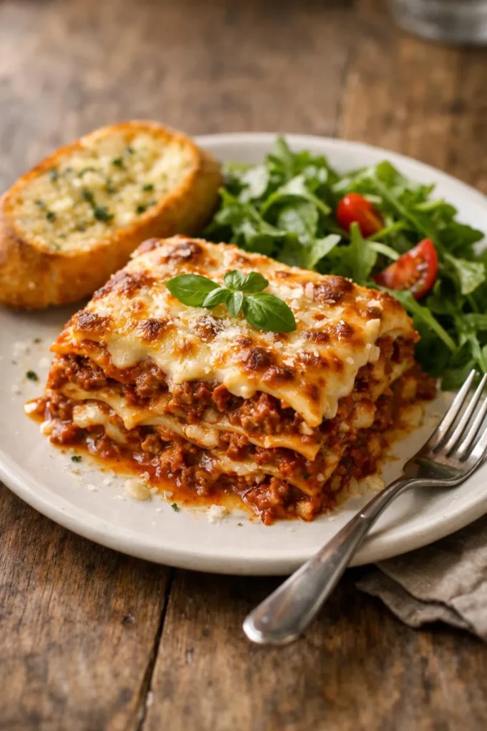  Plated slice of classic lasagna recipe with garlic bread and green salad on white plate, warm natural food photography