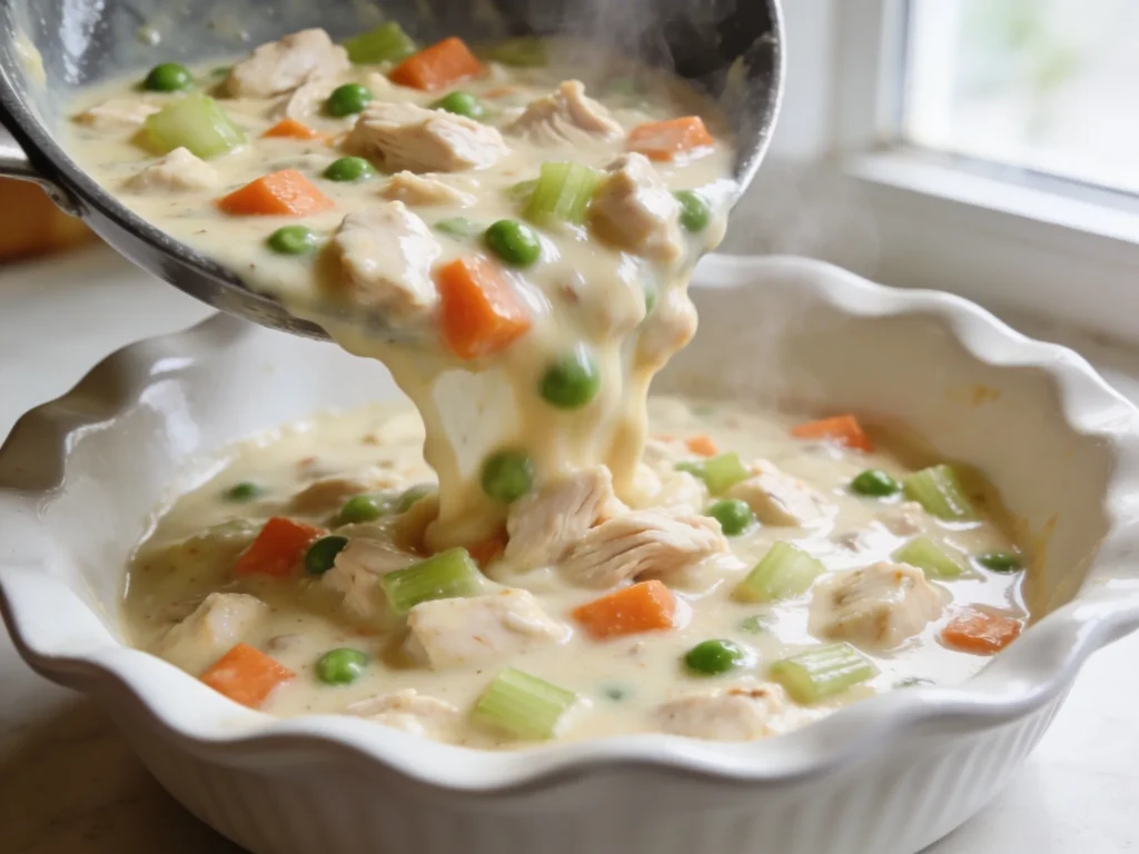 Rich creamy chicken pot pie filling with chicken vegetables and peas in white ceramic pie dish in natural daylight