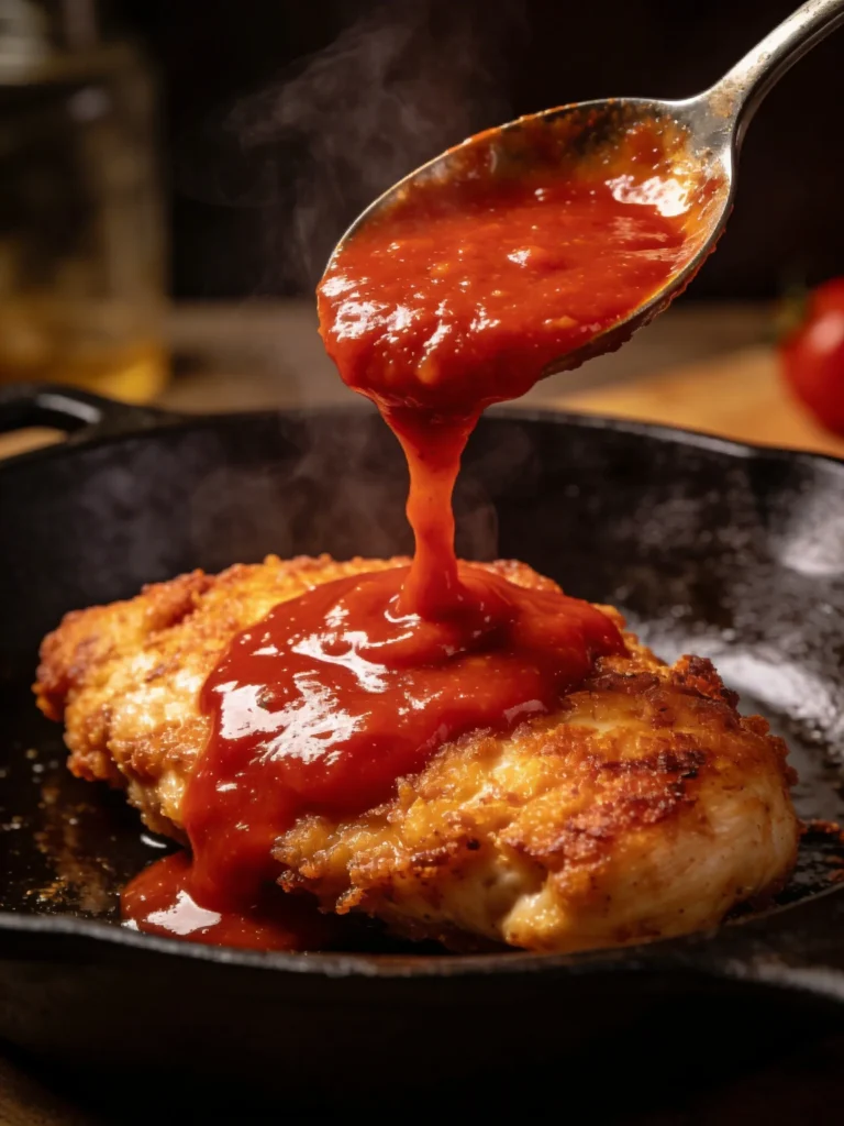 Rich marinara sauce being spooned over golden crispy chicken breast in cast iron skillet for chicken parmesan